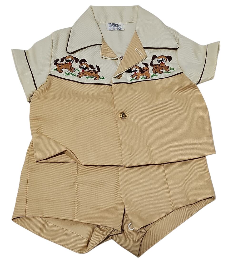 Vintage 70s Two Piece Baby Boys Collared Top Shorts Embroidered Puppy